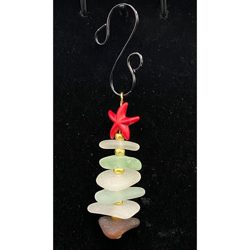 Handmade Sea Glass Christmas Tree Ornament Red Star & Gold Beads by Neanie-Bot